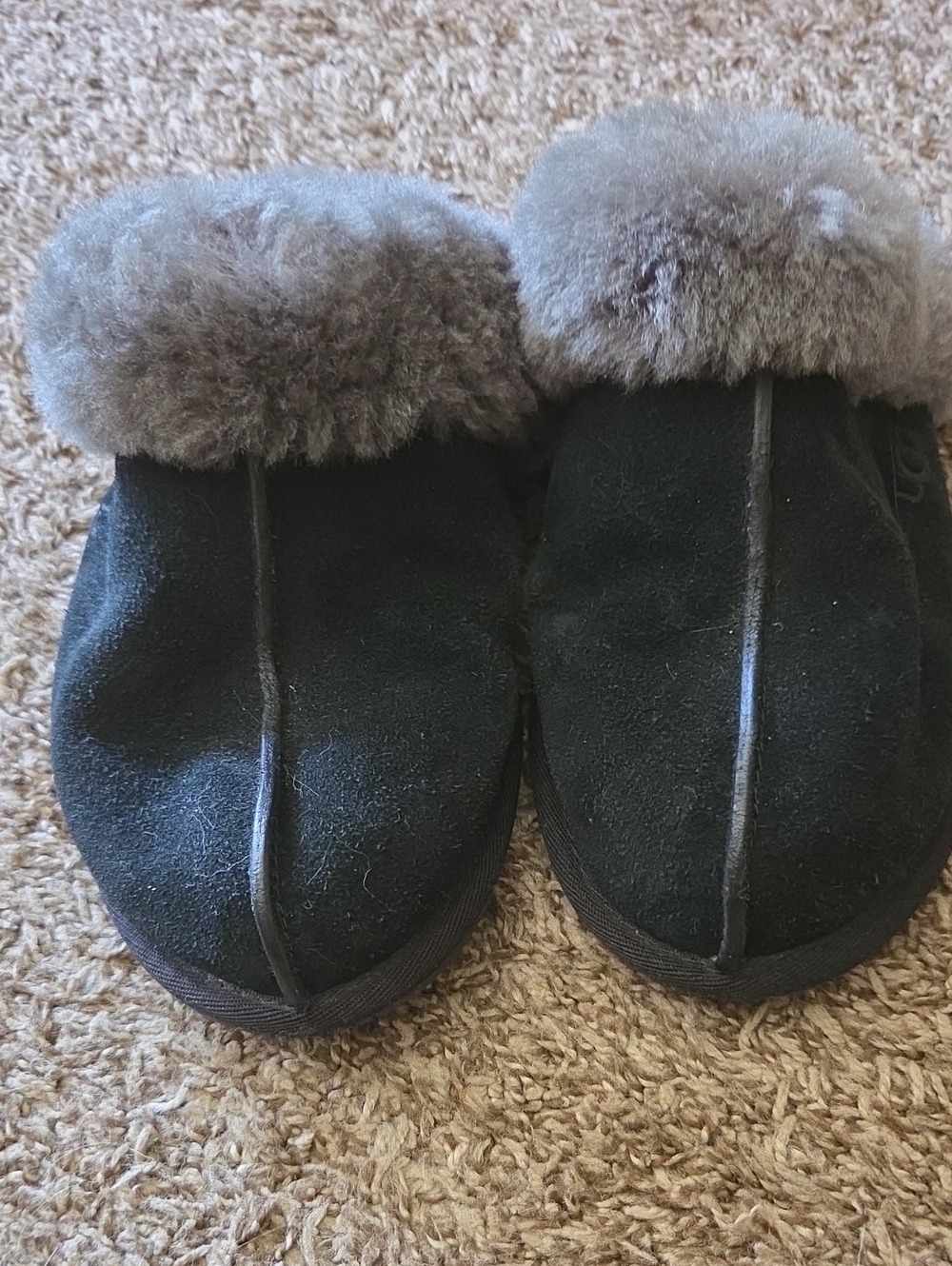 UGG Black Suede Slip-On Slippers with Gray Shearling Lining.